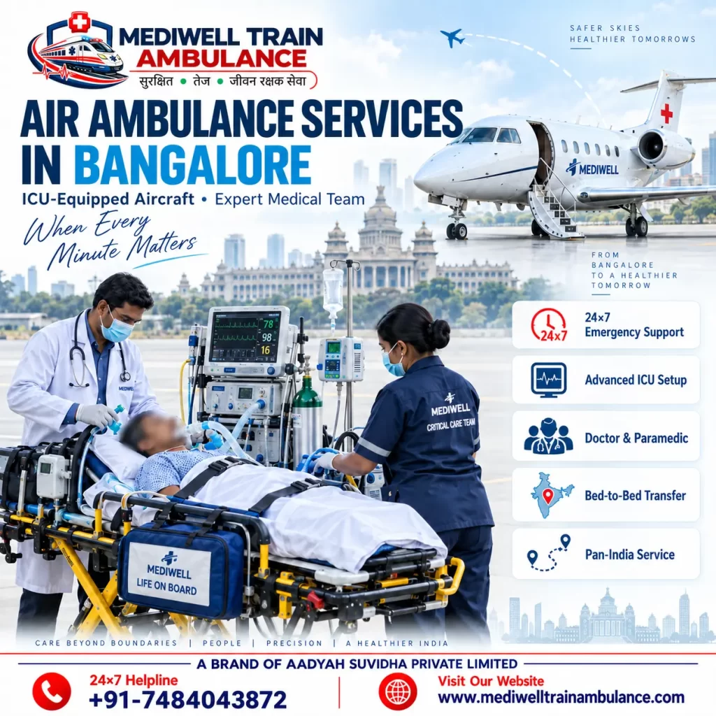 Mediwell Air Ambulance Services in Bangalore with ICU equipment and medical team