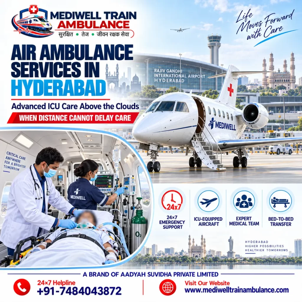 Mediwell Air Ambulance Services in Hyderabad with ICU aircraft and medical team