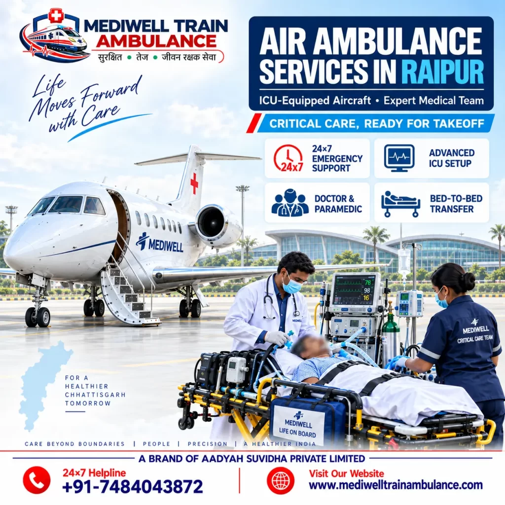 Mediwell ICU Air Ambulance Services in Raipur with medical team