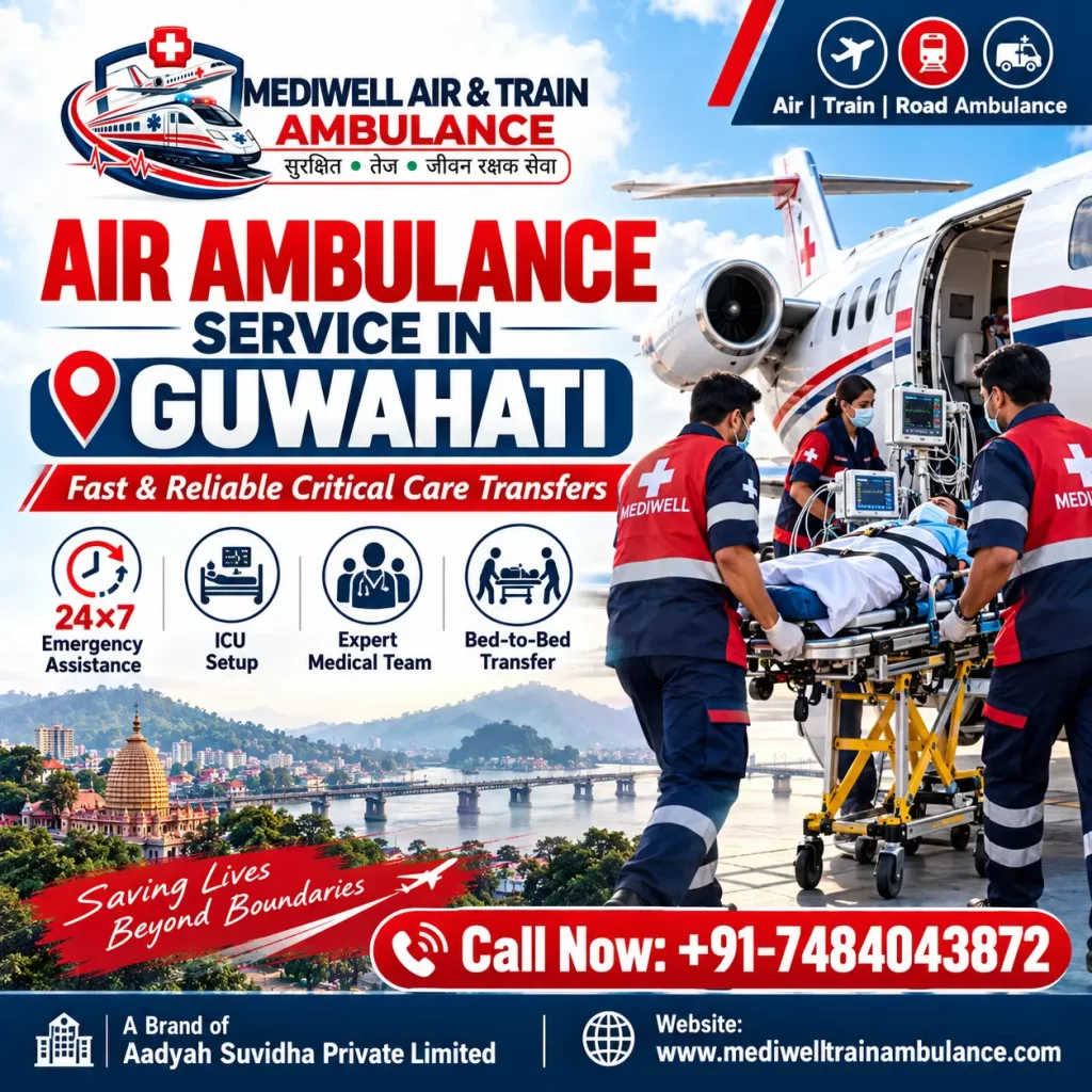 Air Ambulance Service in Guwahati by Mediwell with ICU-equipped aircraft, expert medical team and 24x7 emergency patient transfer